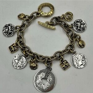 Vintage Mixed Metal Asian Coin Toggle Clasp Gold Silver SJ Signed Charm Bracelet